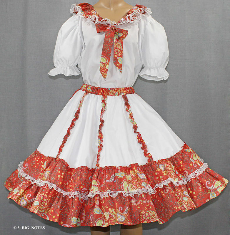 WHITE &TANGERINE PAISLY FLOWER SQUARE DANCE OUTFIT SZ LARGE