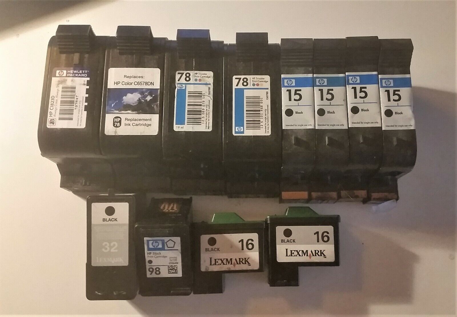 Lot of 12 EMPTY Printer Ink Cartridges Color Black HP 15 78 98 Lexmark 16 32